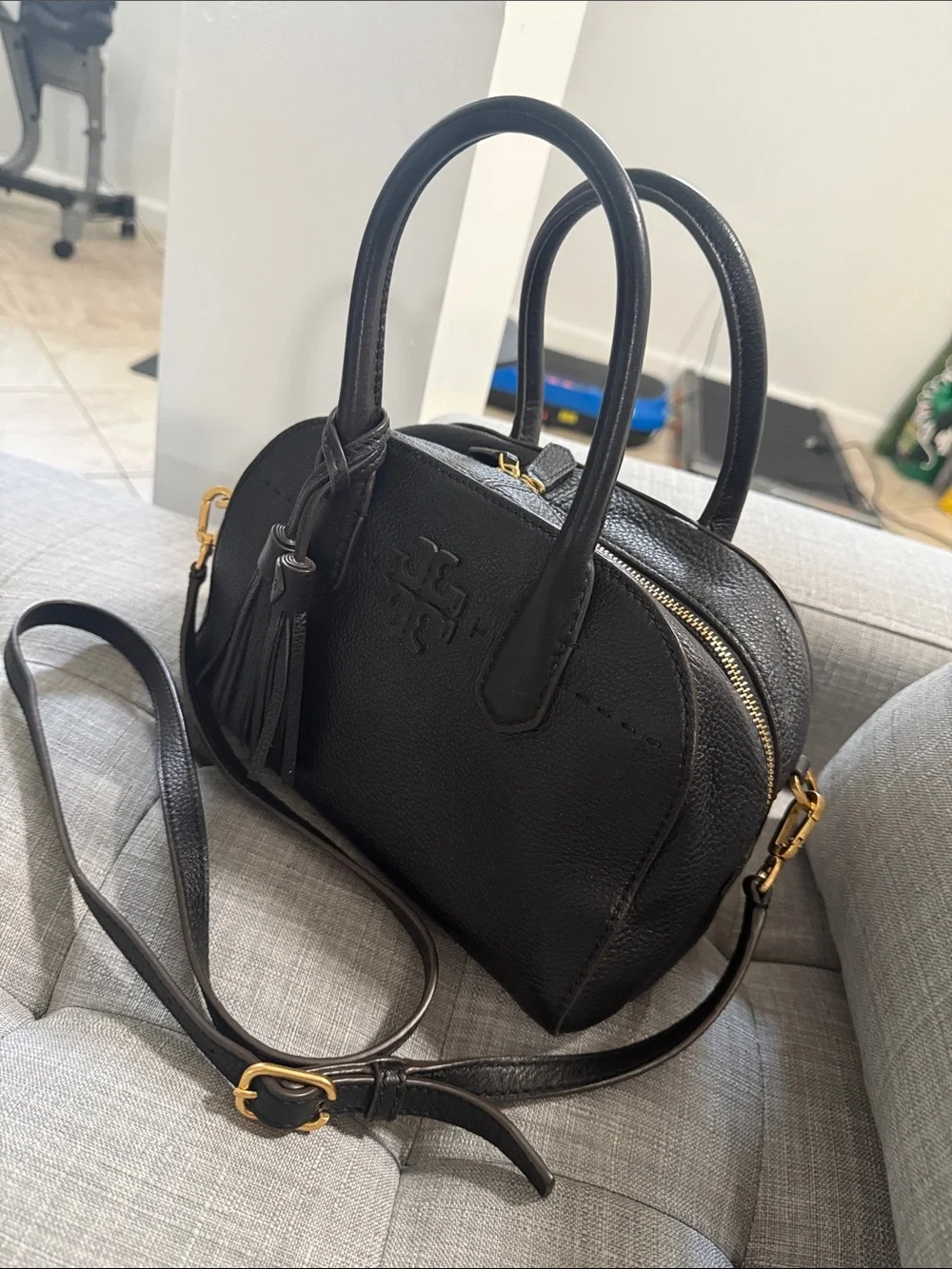 Tory Burch Black Pebbled Leather Satchel with Tassel